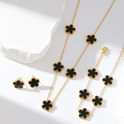 GANEMLY 316L Stainless Steel 4-Color Five Leaf Clover Flower Necklace Bracelet Earrings Set For Women New Waterproof Jewelry