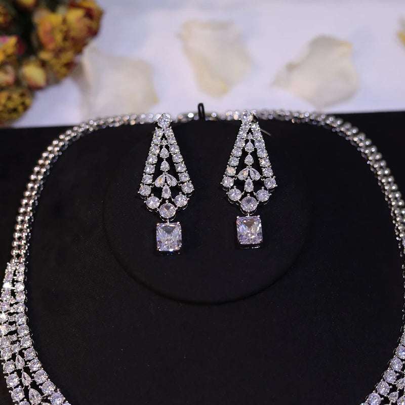 Chic Shiny Big Square Light White CZ Crystal Women Party Wedding Necklace and Earrings Fashion Jewelry Sets for Brides Z019