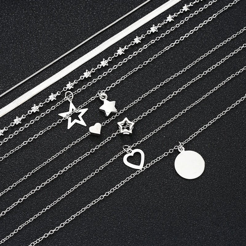 9 Pcs Simple Choker Necklaces for Women Fashion Love Heart Star Pendant Layered Necklace Jewelry Gift European and American 2024