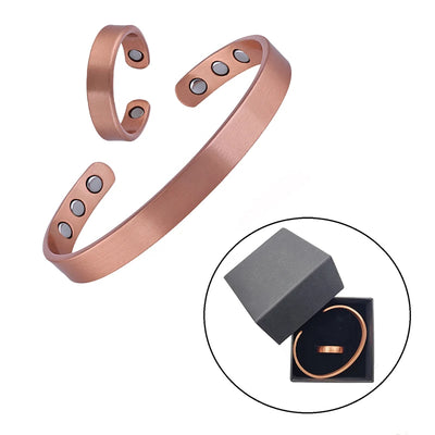 Set Pure Copper Bracelets and Rings Simplicity Cuff Magnetic Bangles for Women Men Arthritis Health Solid Copper Jewelry