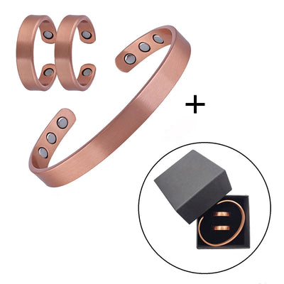 Set Pure Copper Bracelets and Rings Simplicity Cuff Magnetic Bangles for Women Men Arthritis Health Solid Copper Jewelry