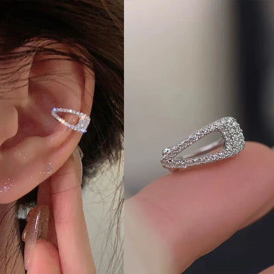 Shiny Silver Color Crystal Tassel Non-Piercing Cuff Ear Clip Earring For Women Rhinestone Star Fake Cartilage Piercing Jewelry