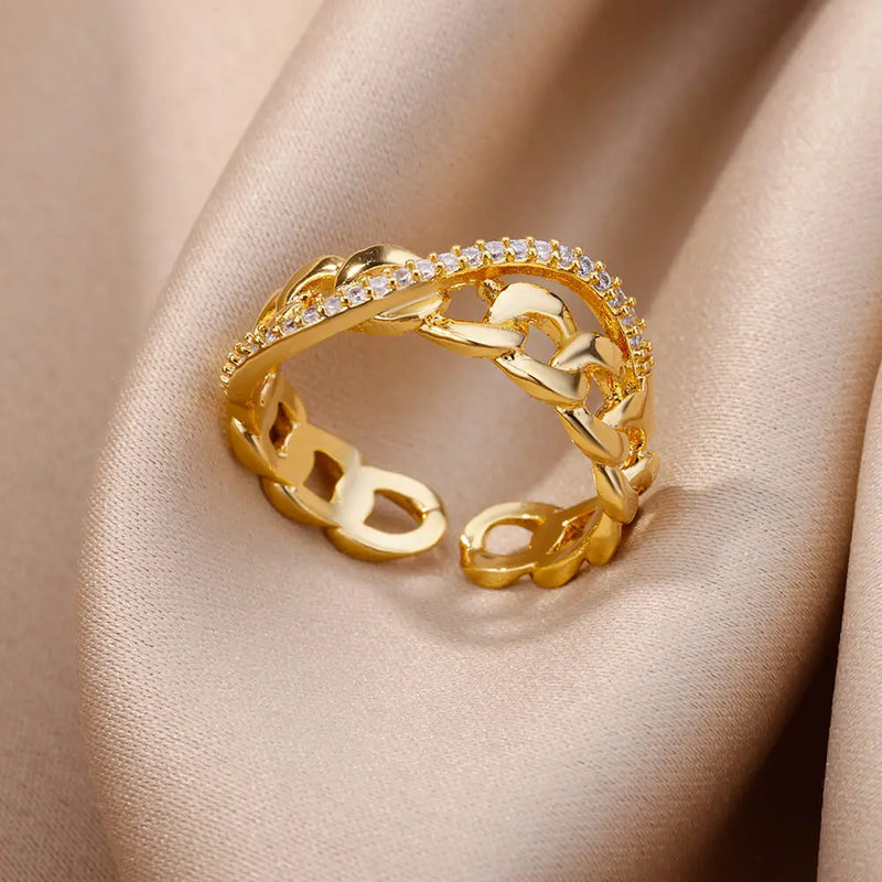 Fashion Gold Color Stainless Steel Rings For Women Chain Hollow Out Crystal Zircon Finger Ring Jewelry 2023 Gift anillos mujer