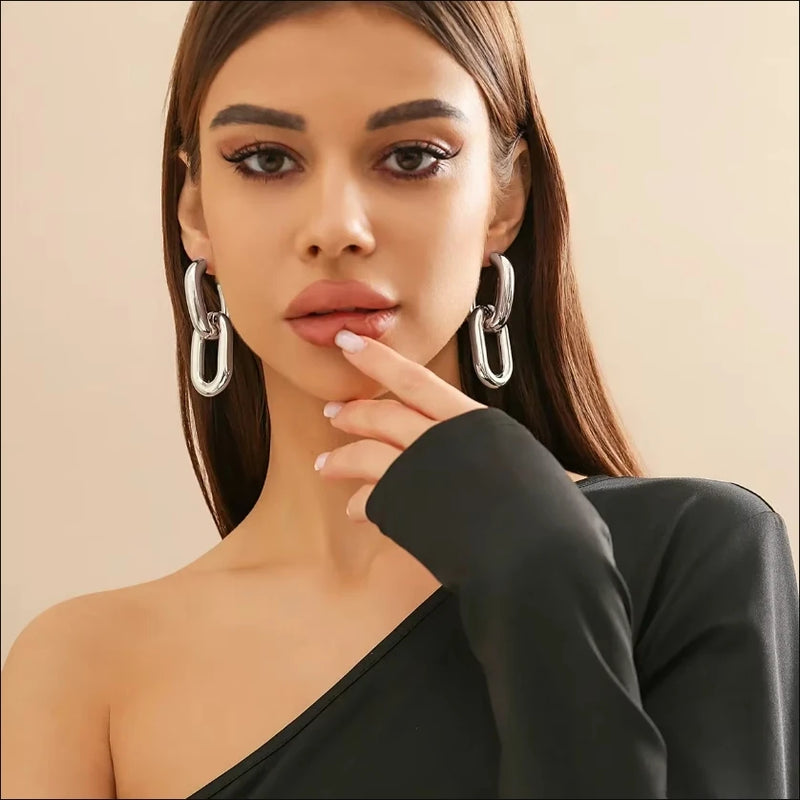 Retro Double Loop Design Drop Earrings Gold Color Geometric Round Hoop Earrings for Women Girls Punk Hip Hop Fashion Jewelry