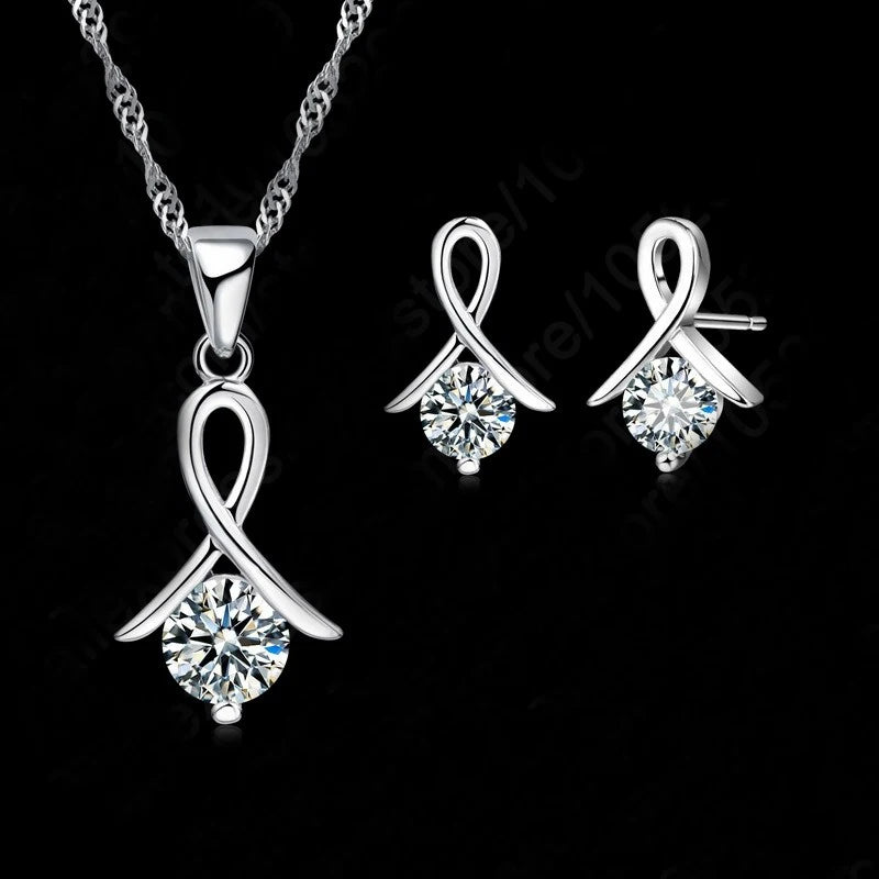 New Fashion Set For Women Cross CZ 925 Sterling Silver Pendant Necklace & Stud Earrings With High Quality