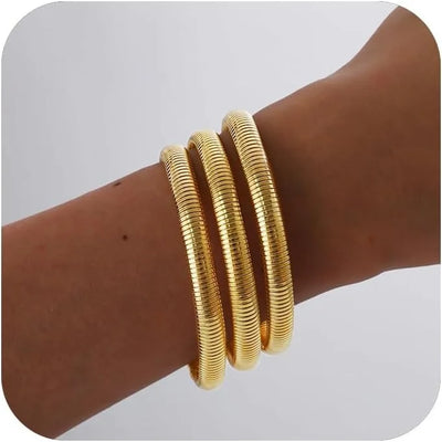 Gold Bangles for Women Chunky Stretch Bangles Bracelets Set 18K Gold Plated Stainless Steel Bracelets Flexible Wide Wristband