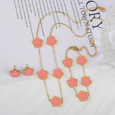 Gold Plated Lucky Stainless Steel Five Leaf Flower 3PCS Jewelry Set Bracelet Necklace Earrings for Women Party Jewelry Clover