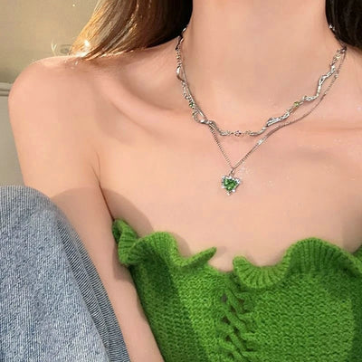 New Y2K Girls Pink Zircon Bow Knot Pendant Necklace Sweet Heart Design Simple Necklace Women Fashion Clavicle Chain Jewelry Gift