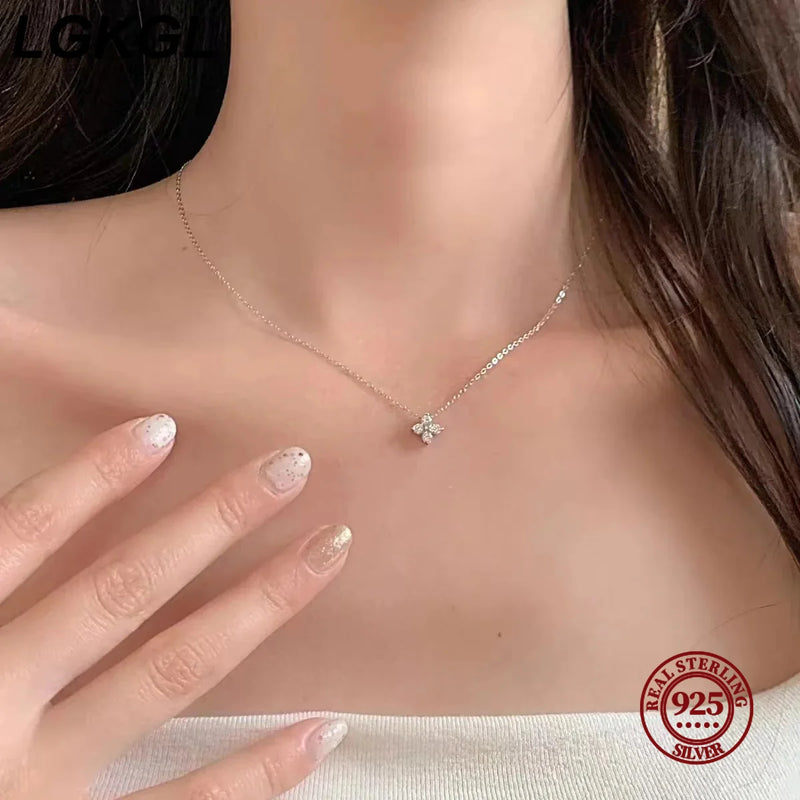 LGKGL S925 Sterling Silver Plated 18K Gold Set Zircon Necklace Female Sparkling Diamond Four Leaf Grass Versatile Collar Chain