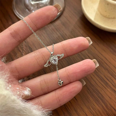 New Y2K Girls Pink Zircon Bow Knot Pendant Necklace Sweet Heart Design Simple Necklace Women Fashion Clavicle Chain Jewelry Gift