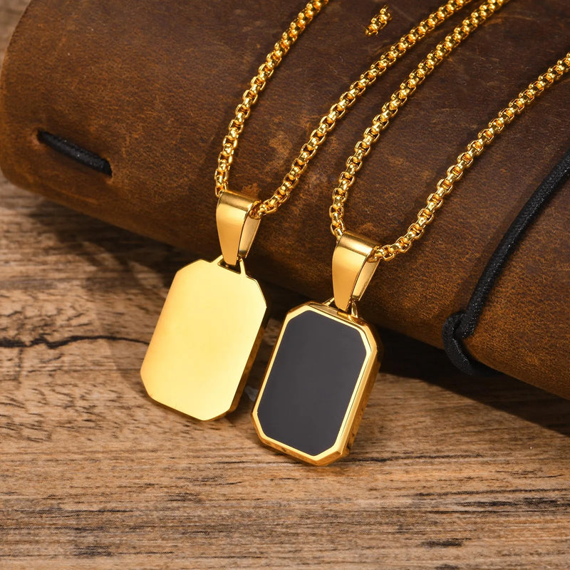 Casual Black Enamel Necklaces for Men,Waterproof Stainless Steel Square Pendant Necklace,Simple Fashion Male Collar Jewelry Gift