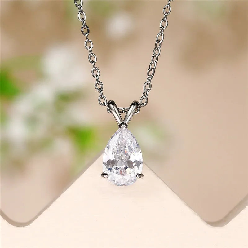 Huitan Luxury Pear Cubic Zirconia Pendant Necklace for Bridal Wedding Engagement Party High-quality Silver Color Fashion Jewelry