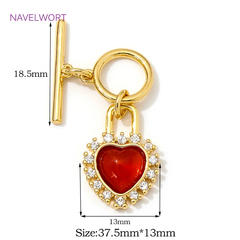 18K Gold Plated With Heart Red Zircon Toggle Clasps OT Clasps Jewelry Connectors  For DIY Bracelet Necklace Making Accessories