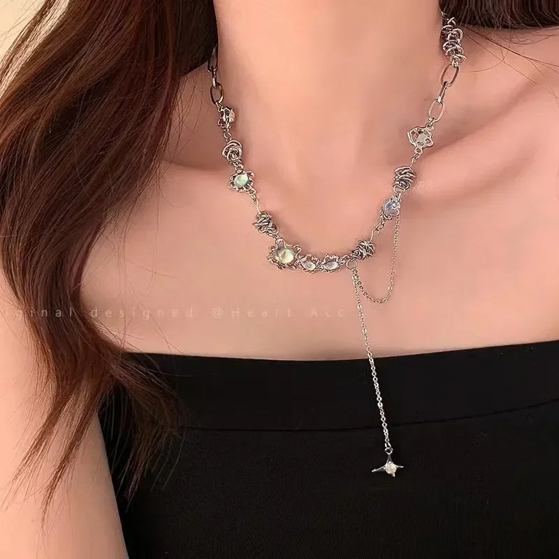 Kpop Fashion Shiny Star Necklace for Women Y2K Crystal Zircon Cross Pendant Necklaces Girls Antique Silver Color Clavicle Chain