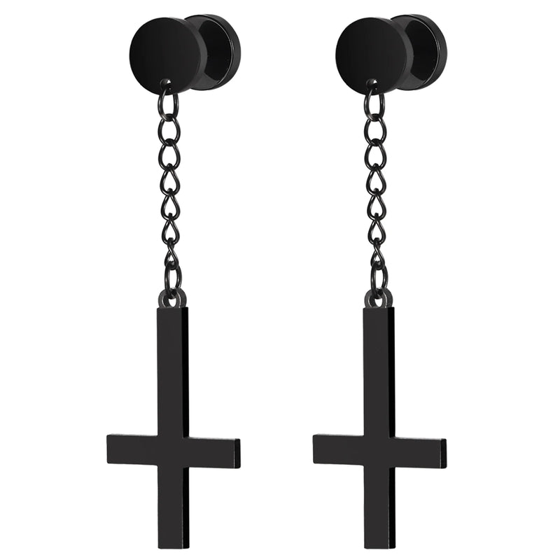 BONISKISS Men Women Stainless Steel Inverted Upside Down Cross Earring Church of Satan Temple Occult Satanic Witchy Stud Jewelry