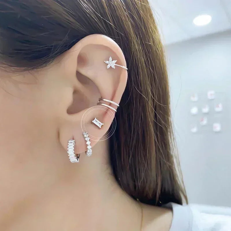 925 Sterling Silver Ear Needle Fashion Hoop Earrings White Crystal Luxury Women&