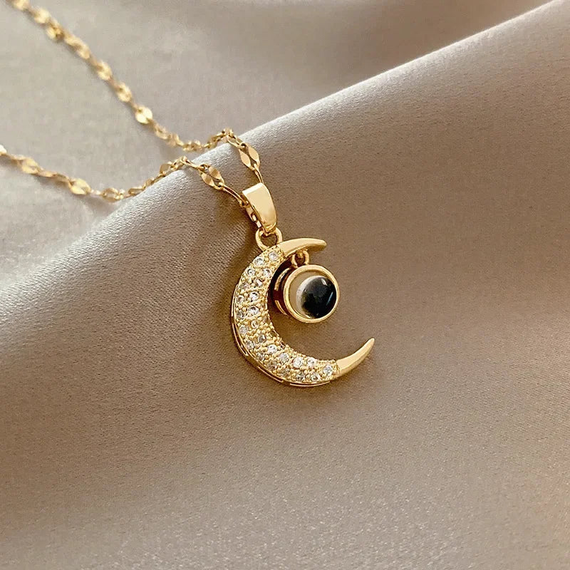 Fashion Moon Necklace for Women Stainless Steel Chain I Love You One Hundred Languages Projection Creative Jewelry Gift for Mom