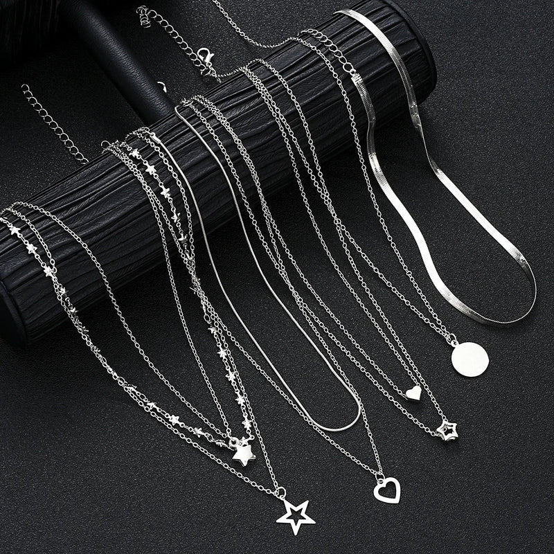 9 Pcs Simple Choker Necklaces for Women Fashion Love Heart Star Pendant Layered Necklace Jewelry Gift European and American 2024