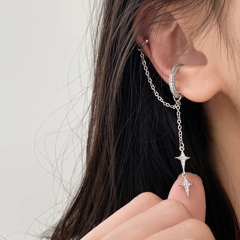 Shiny Silver Color Crystal Tassel Non-Piercing Cuff Ear Clip Earring For Women Rhinestone Star Fake Cartilage Piercing Jewelry