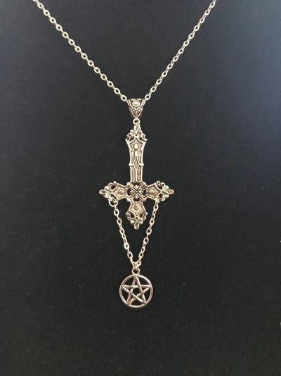 Inverted cross and pentagram necklace satanic necklace, occult jewellery upside down cross gothic, punk