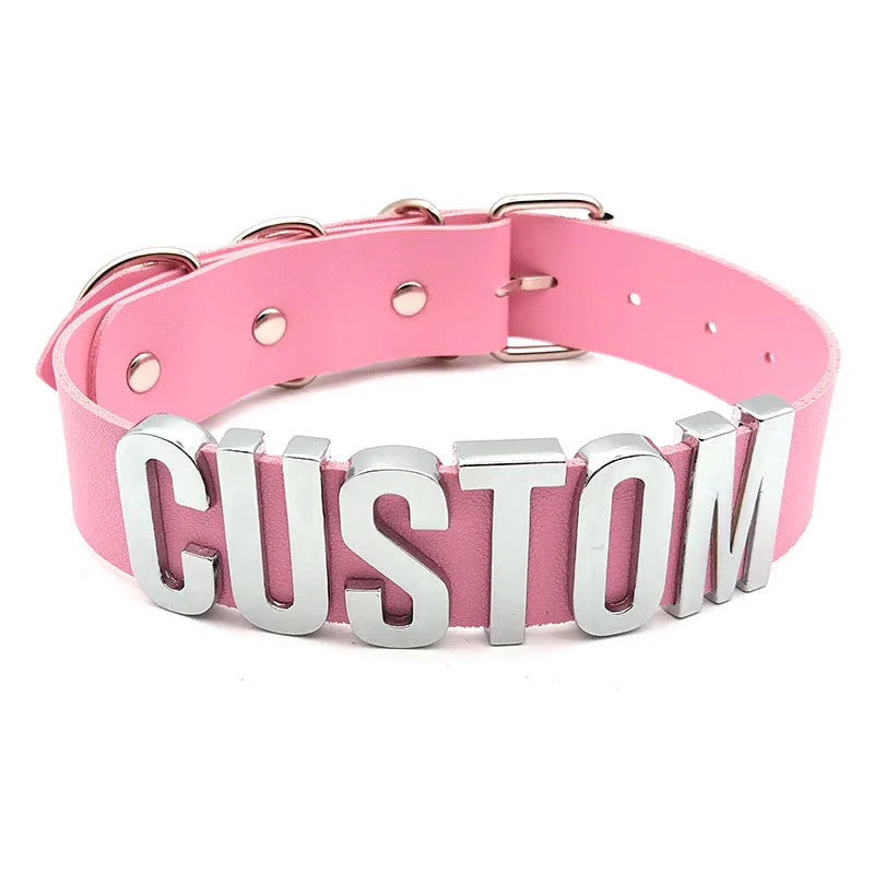 Sexy Pink Leather Customized Letters Collars Choker Necklace Punk Personalized Name Buckle Chocker Jewelry Cosplay Party Gift