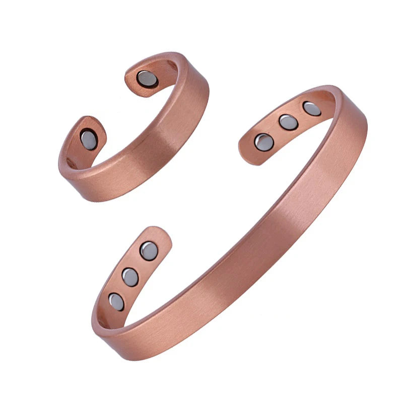 Set Pure Copper Bracelets and Rings Simplicity Cuff Magnetic Bangles for Women Men Arthritis Health Solid Copper Jewelry