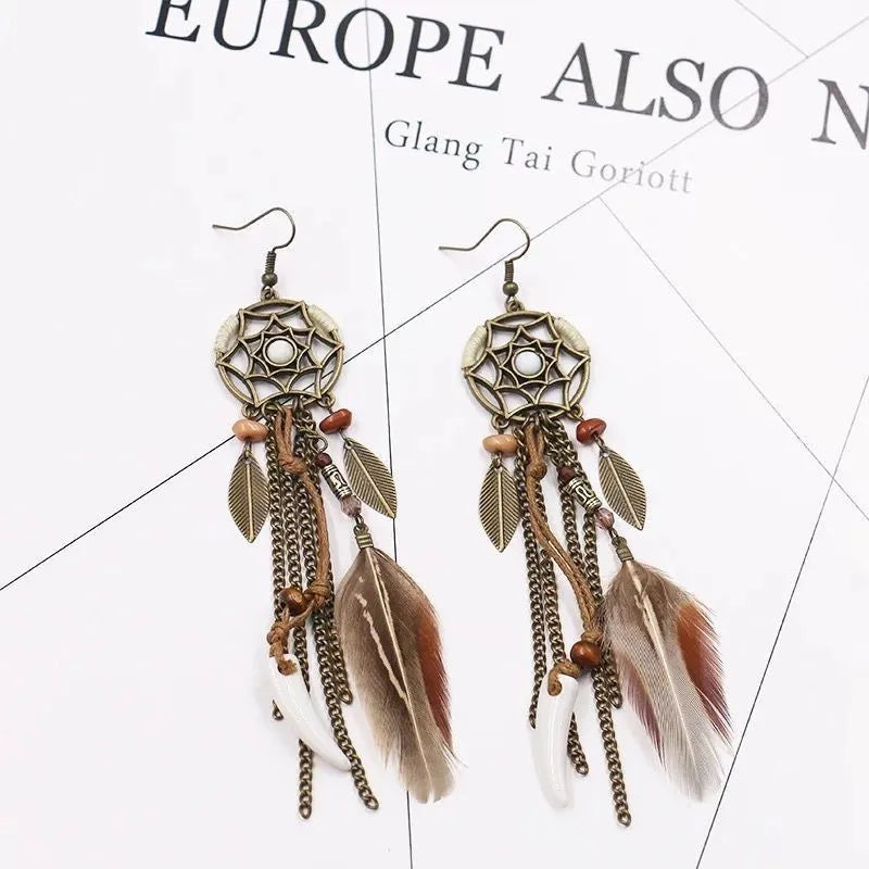 Boho Tribal Ethnic Vintage Dream Catcher Feather Leaf Long Tassel Dangling Earrings Women Vacation Jewelry