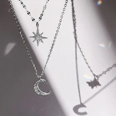 New Fashion Silver Color Double Layer Star Moon Necklace for Women Charm Delicate Zircon Stainless Steel Choker Chain Jewelry