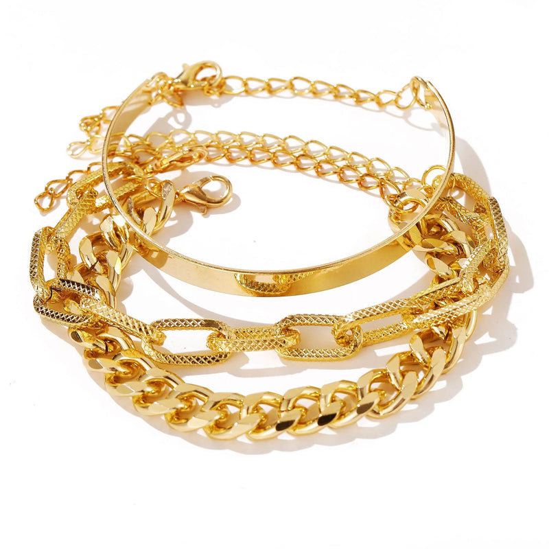 Bohemian Metal Chain Bracelet Set For Women Geometric Gold Color Thick Link Chain Open Bangle Female Fashion Jewelry