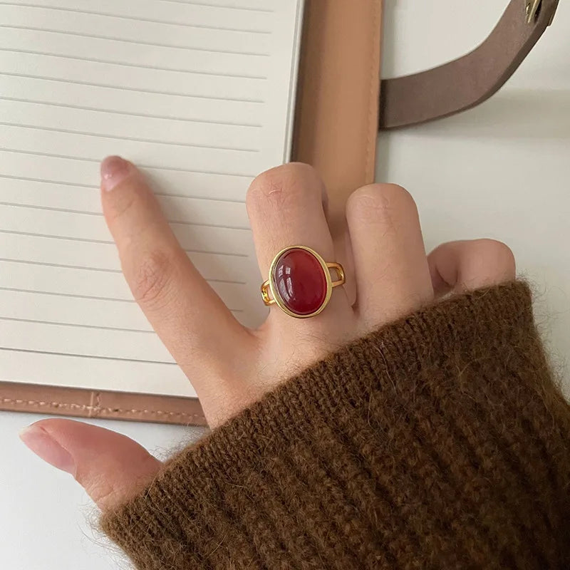 High Quality Trendy Red Agate Stone Yellow Gold Color Ladies Ring Promotion Jewelry For Women Christmas Gifts No Fade