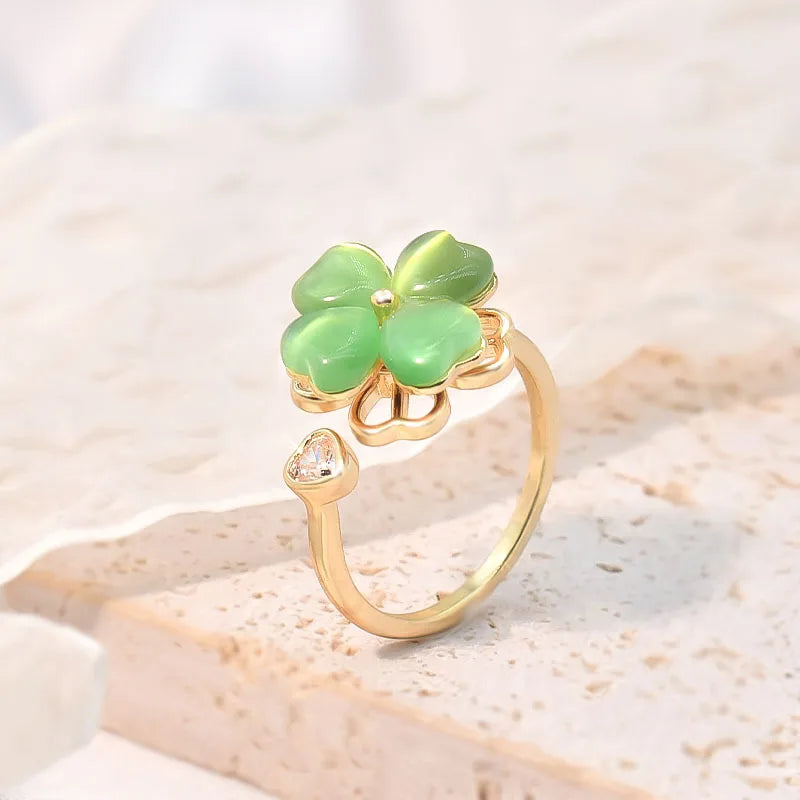 Cute Romantic Purple Four Leaf Zircon Flower Adjustable Rings for Women New Charm Gold Color Stainless Steel Finger Jewelry Gift