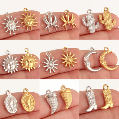 3Pcs Cactus/Cowboy Boots/Spider/Charms DIY Jewelry Making Stainless Steel Face Moon&Sun Necklace Pendants for Earrings Bracelet