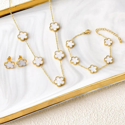 Clover Five Leaf  Flower Stainless Steel Bracelet Necklace Earrings Jewelry Set Luxury for Women High Quality Party Jewelry Gift