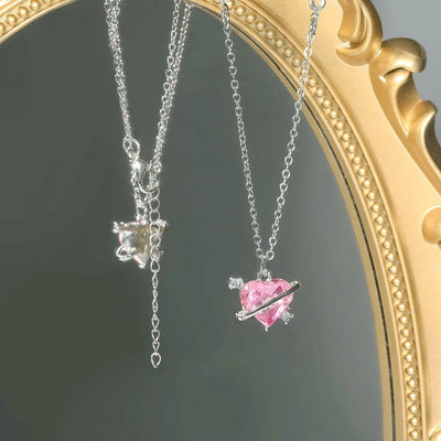 New Y2K Girls Pink Zircon Bow Knot Pendant Necklace Sweet Heart Design Simple Necklace Women Fashion Clavicle Chain Jewelry Gift