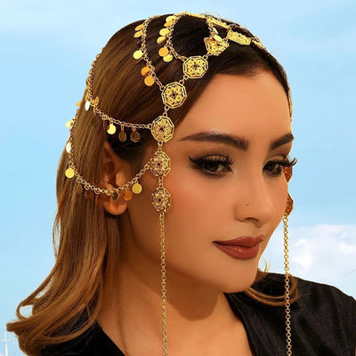 Arab Head Jewelry Golded Alloy Coin Tassel Head Chain Headband For Women Bridal Headdress Wedding Accessories