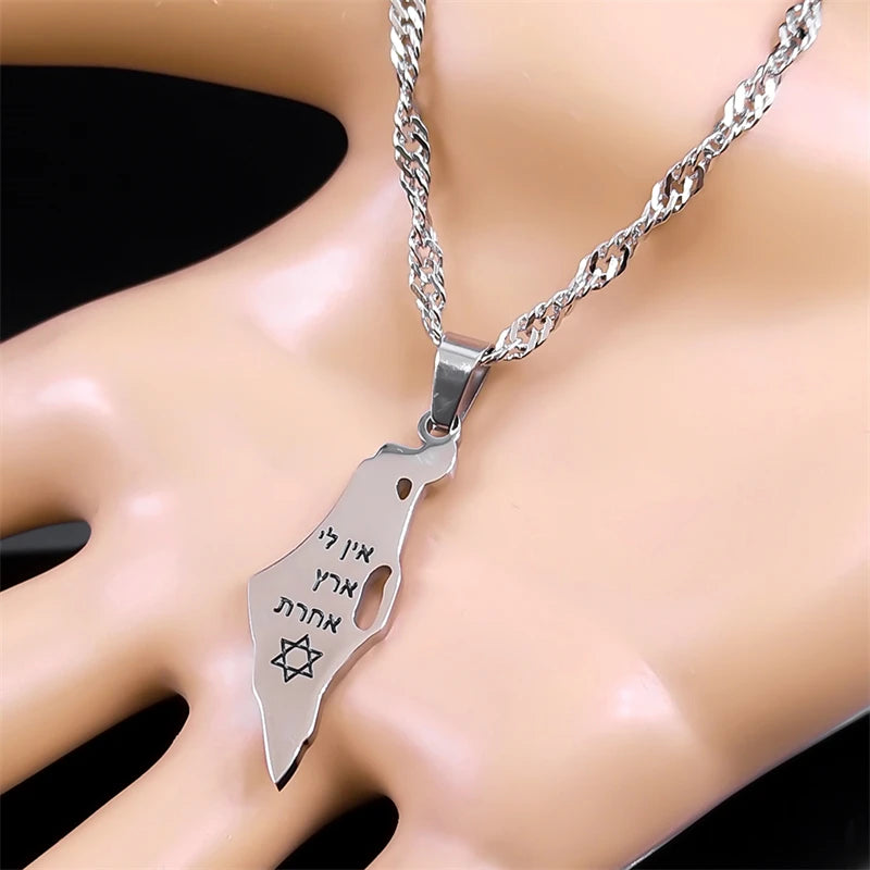 Israel Map Country Pendant Necklace for Women Men Stainless Steel Silver Color Magen Jewish Star of David Hebrew Chain Jewelry