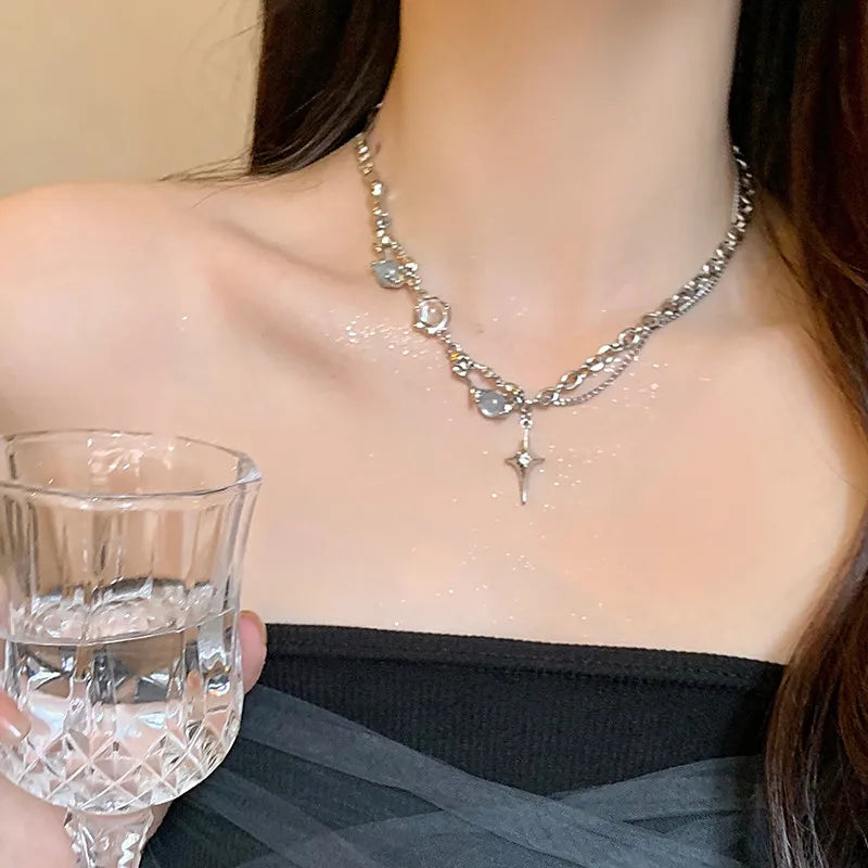 Kpop Fashion Shiny Star Necklace for Women Y2K Crystal Zircon Cross Pendant Necklaces Girls Antique Silver Color Clavicle Chain