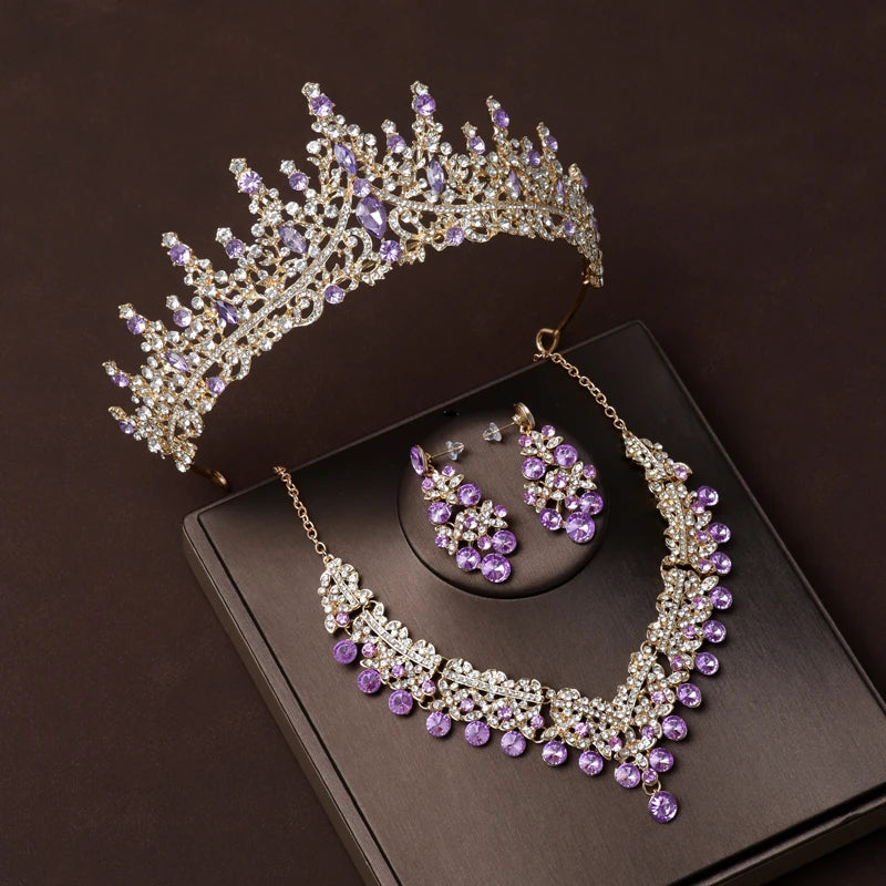 Luxury Silver Color Crystal Water Drop Bridal Jewelry Sets Rhinestone Tiaras Crown Necklace Earrings Wedding Dubai Jewelry Set