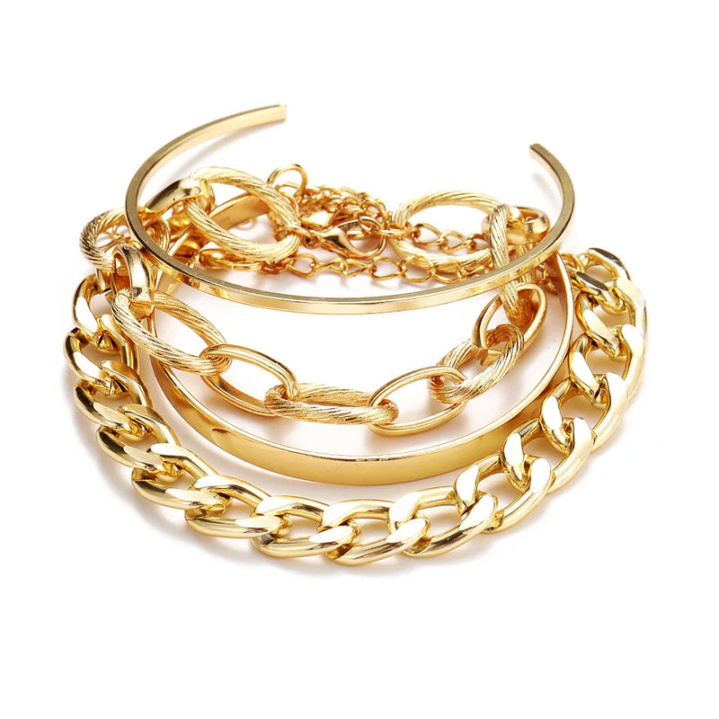 Bohemian Metal Chain Bracelet Set For Women Geometric Gold Color Thick Link Chain Open Bangle Female Fashion Jewelry