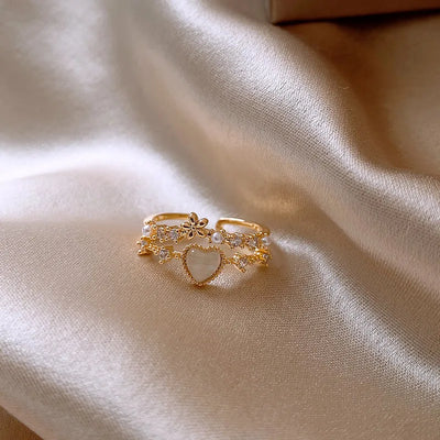 Korea's new fashion jewelry 14K gold plated simple double love crystal ring elegant women's daily opening ring accessories