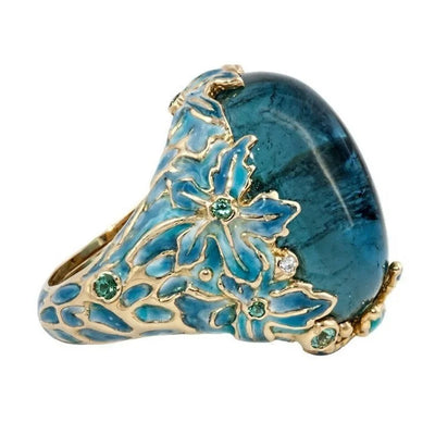 Elegant Women Fashion Gold Color Carving Enamel Flower Rings for Women Creativity Inlaid Blue Stone Engagement Ring Jewelry