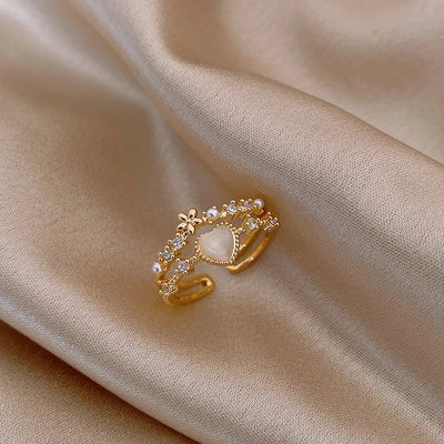 Korea's new fashion jewelry 14K gold plated simple double love crystal ring elegant women's daily opening ring accessories