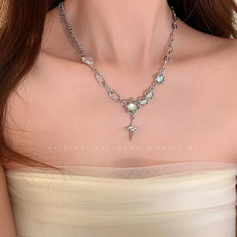 Kpop Fashion Shiny Star Necklace for Women Y2K Crystal Zircon Cross Pendant Necklaces Girls Antique Silver Color Clavicle Chain