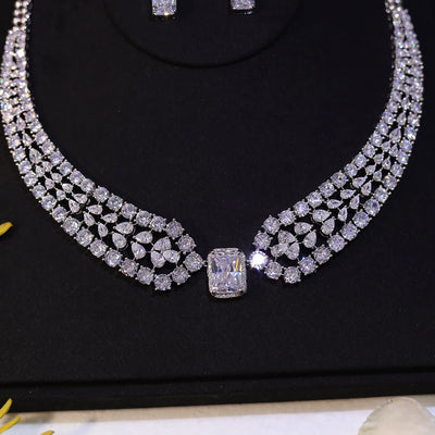 Chic Shiny Big Square Light White CZ Crystal Women Party Wedding Necklace and Earrings Fashion Jewelry Sets for Brides Z019