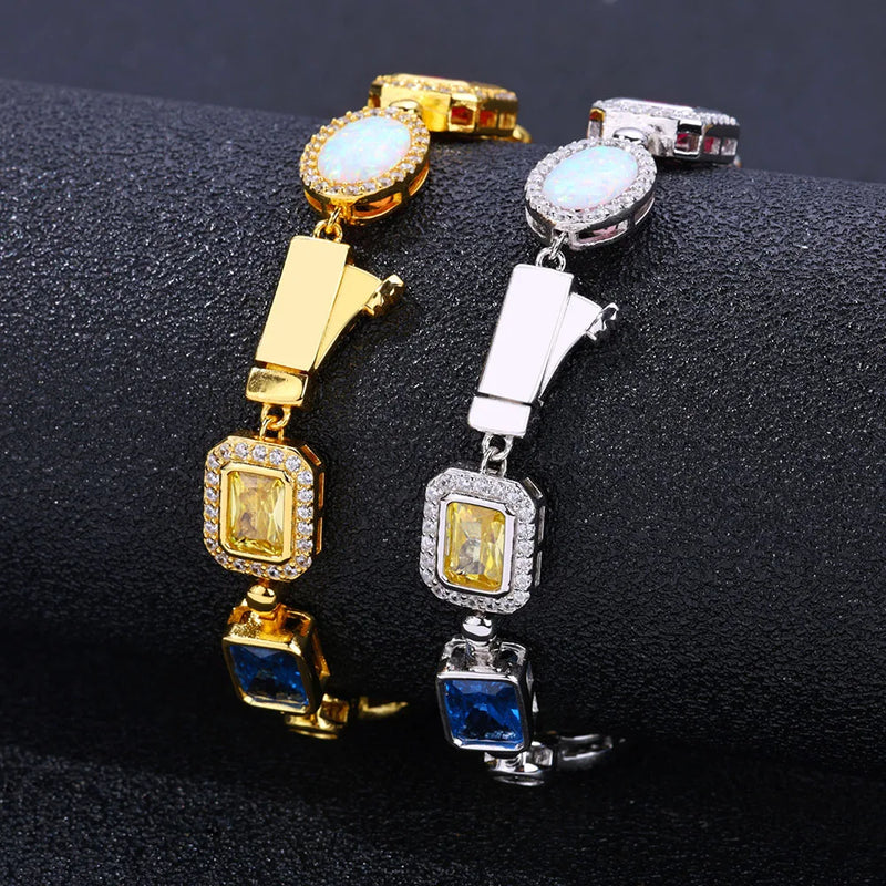 18k Gold Plated Multi Color Bracelet Geometric Cut Cubic Zirconia Women Fashion Bracelet Luxury Opal Diamond Chain