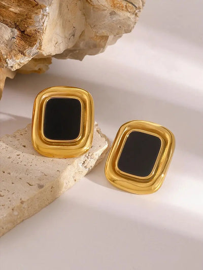 Uworld Stainless Steel 18K PVD Gold Plated Black Stone Earrings Statement Golden Metal for Women Bijoux Femme Gala Giftсерьги