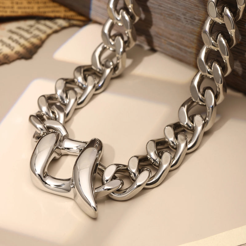 Fashion Silver Color Chunky Chain Necklace Geometric Earrings Set 2 pcs Women&