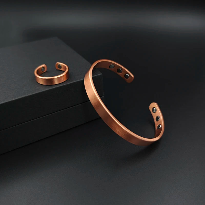 Set Pure Copper Bracelets and Rings Simplicity Cuff Magnetic Bangles for Women Men Arthritis Health Solid Copper Jewelry