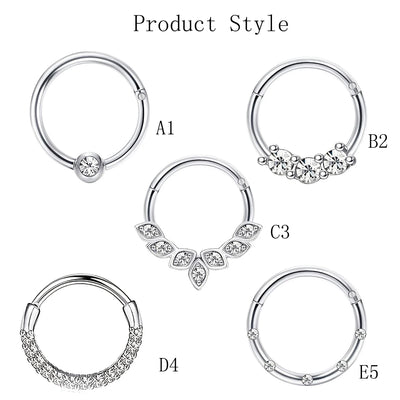 1-5pcs 16G Fashion 316L Stainless Steel CZ Hinged Septum Clicker Nose Hoop Rings,Daith Helix Tragus Cartilage Piercing Jewelry