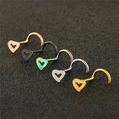 5pcs Fashion Hollow Heart Stainless Steel Nose Stud Set for Women,Nostril Piercing Nariz Pin Screw Body Jewelry